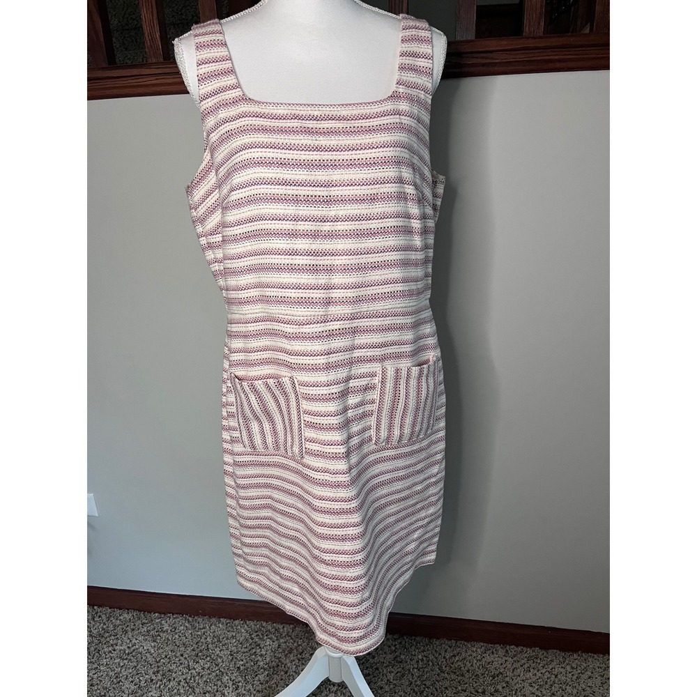Loft Petites Pink Cream Striped Tweed Shift Dress Square Neck Pockets 14P